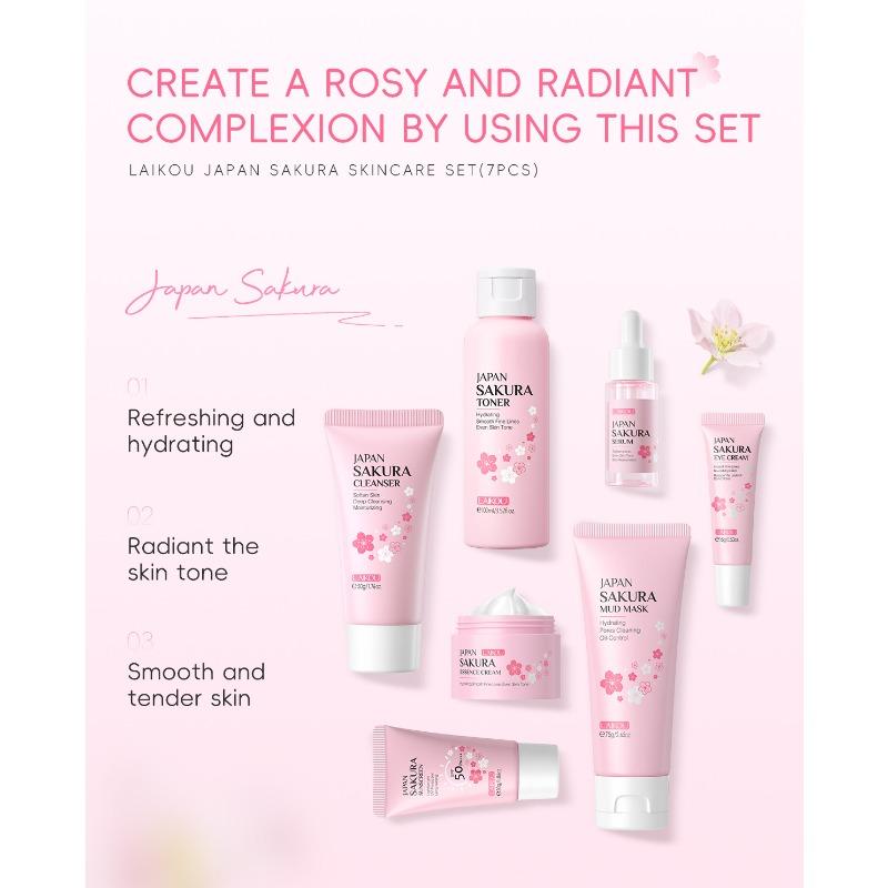 LAIKOU Japan Sakura Skin Care 7-pieces set, Face Cleanser Toner Serum Cream Mud Mask Sunscreen Eye Cream