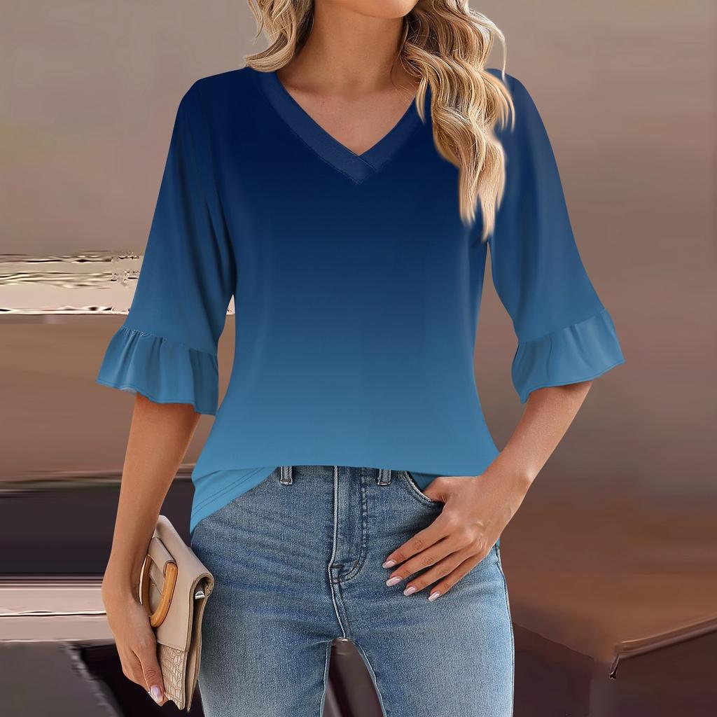 Женский повседневный топ с рукавами 3/4, летняя футболка с v-образным вырезом и пышными рукавами