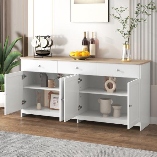 160cm Sideboard Buffet Cabinet, 4 Doors & 3 Drawers, Adjustable Shelves, White Wood Effect for Living Dining Room