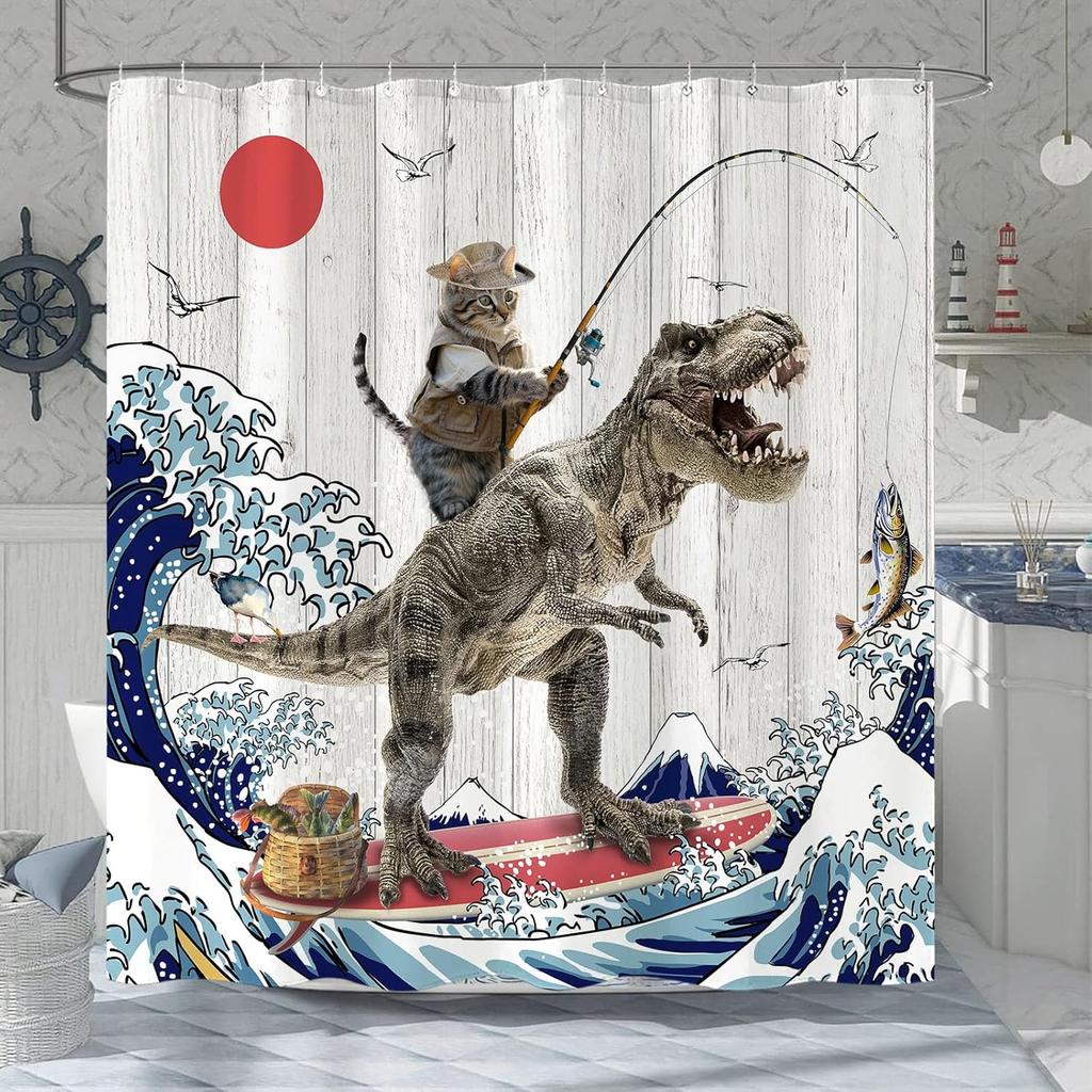 Забавная японская кошка Занавеска для душа Милая Забавная Крутая Кошка Монстр Акула Занавески для душа для ванной Винтажные Океанские волны Аниме Детские