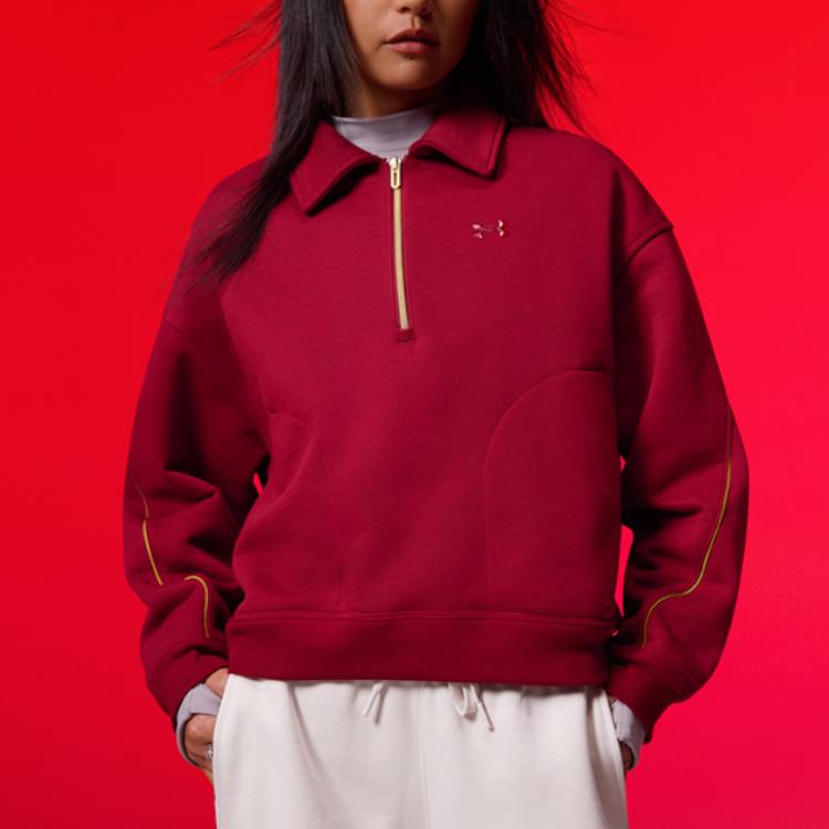 Under Armour New Spring Collection Casual Sports Series Brand Logo Fashion Simple Half-Zip Loose Sweatshirt Women Sweatshirt Flame-Red 6006009-625