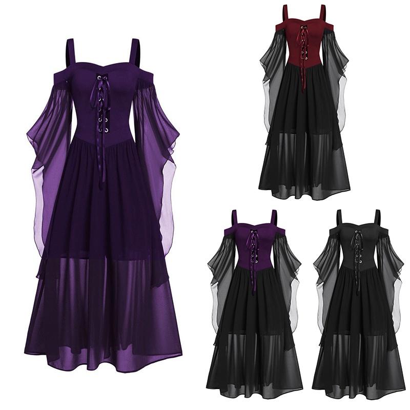 Хэллоуинское платье ведьмы Готический средневековый костюм для косплея С открытыми плечами Высококачественная полиэстеровая ткань