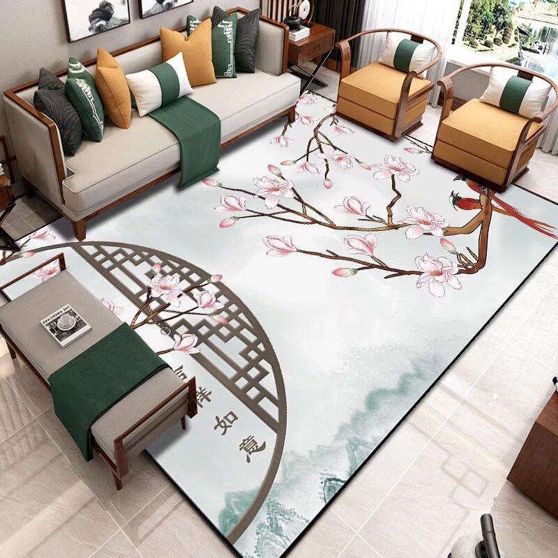 Chinese Style Living Room Rug with Flower Bird Painting Pattern Carpet Lounge Soft Carpet Waterproof Anti-slip Customizable