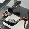 Fashion Sexy Leopard Print Pointed Toe High Heels Slippers Women Crystal Rhinestone Design Summer Sandals Dress Party Shoe Mules Slides