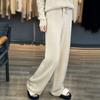 Wool Casual Pants Solid Color Straight Wide Leg Knitting Trousers with Drawstring High Waist Thickened Slacks