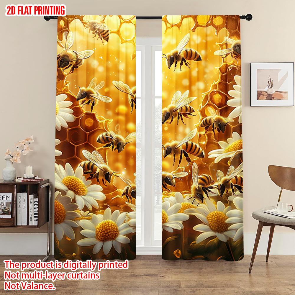 2pcs, plane printing Popular Curtain Panels Bees and Sunflowers Honeycomb Polyester Easy Install (without rod) All Seasons Use