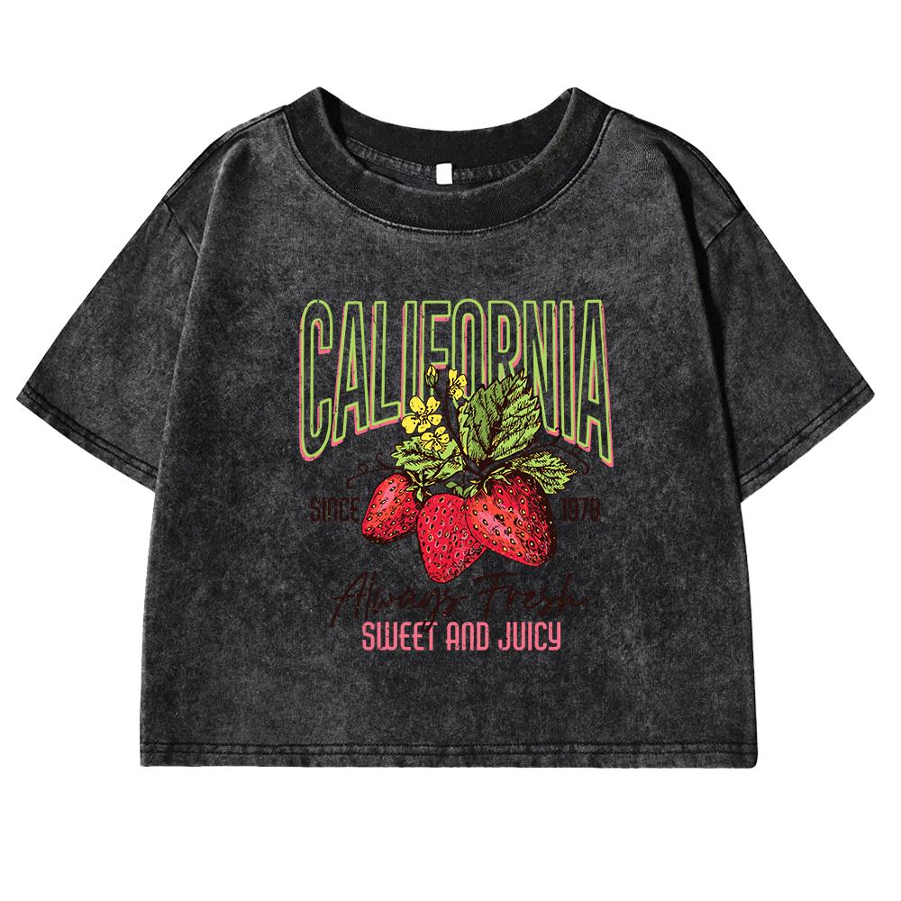 California Strawberries Print Women Tshirts Washed Street Retro Short Sleeve Slim Summer Fitness Clothing