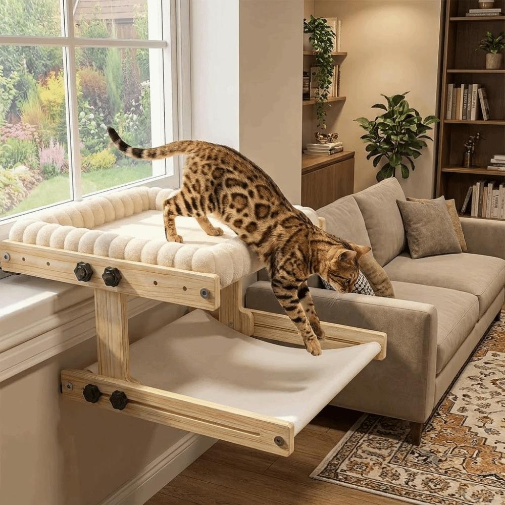 Wooden Frame Cat Window Bed Plush Cushion Cat Hammock Pet Furniture Cat Perch Hammock Home Use