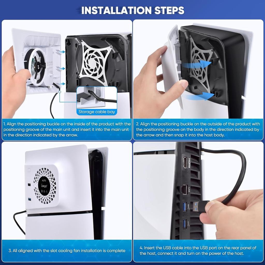 Вентилятор охлаждения RGB с защитной пластиной для PS5 Slim Digital/Disc, автоматическая регулировка скорости с помощью датчика температуры, 3 ручных скорости вентилятора и концентраторы USB3.0, система охлаждения