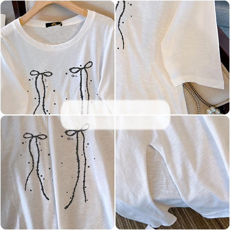 Длинная футболка с коротким рукавом, женская модная футболка больших размеров со свежим бантом и принтом