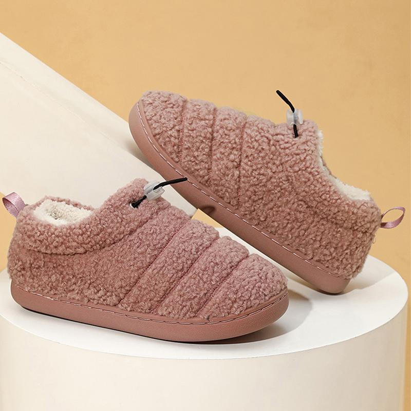 Модные домашние теплые плюшевые тапочки для женщин 2025 Зима Искусственный мех Плоский каблук Хлопковая обувь Женские Слипоны Нескользящие Хлопковые Шлепанцы Женские