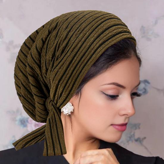 Women Headscarf Hat Striped Print Lace-up Turban Hat Hair Loss Chemotherapy Headwear Full Coverage Head Wrap