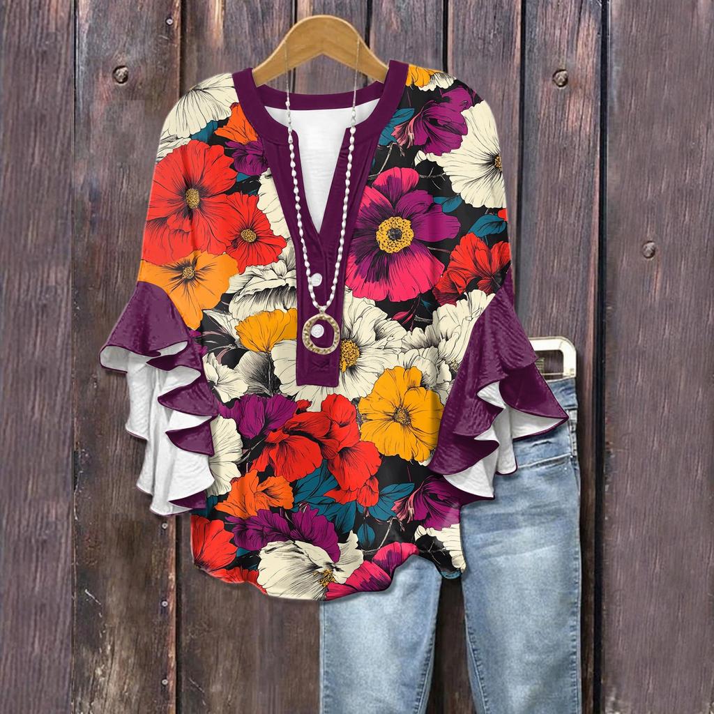 Summer Tops For Women Cute V Neck 3/4 Sleeve Blouses Floral Print Top Casual Shirts