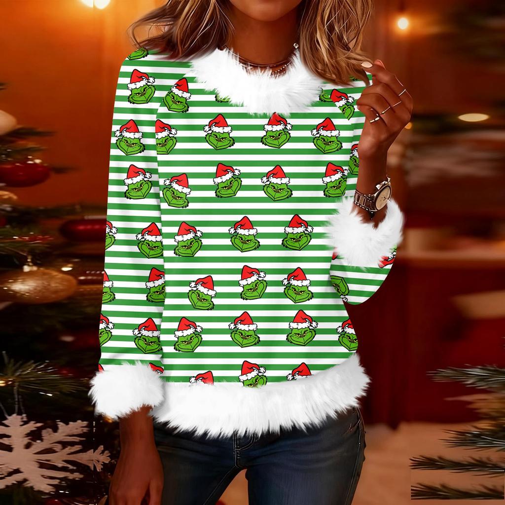 Женская модная рождественская футболка с принтом, круглым вырезом и длинными рукавами, повседневный пуловер
