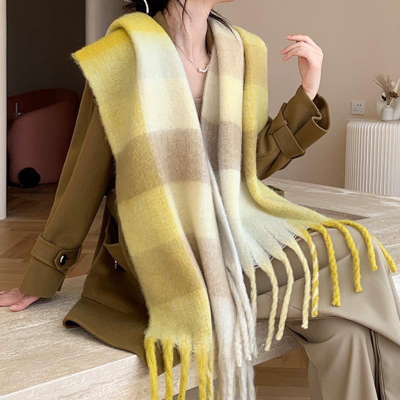 Winter New Scarf Women's Winter Thickened Warm Scarf Colored Plaid Fringed Scarf Shawl Fashionable Outer Cover