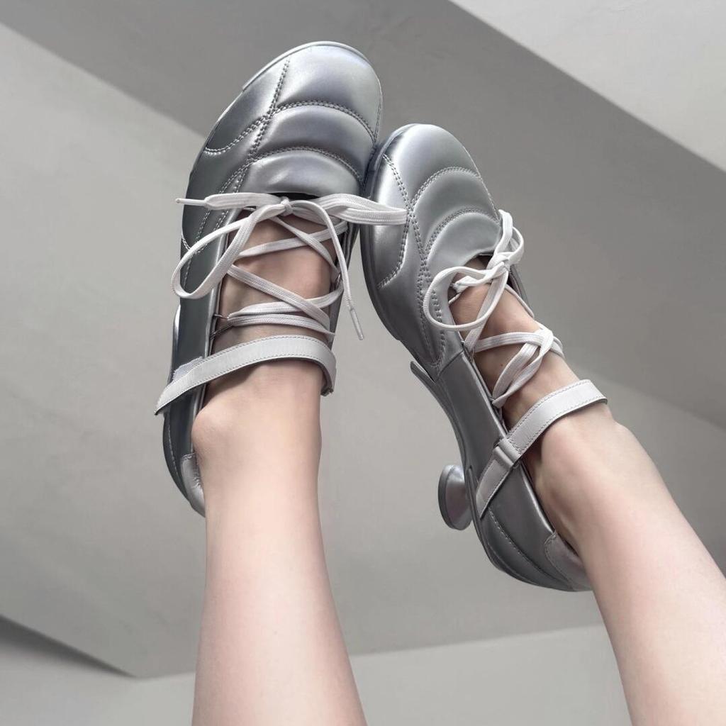 Версия из овчины~ Межзвездная серия серебристые шнурки бант спортивный стиль балетки нишевая кожа туфли-лодочки на высоком каблуке женские