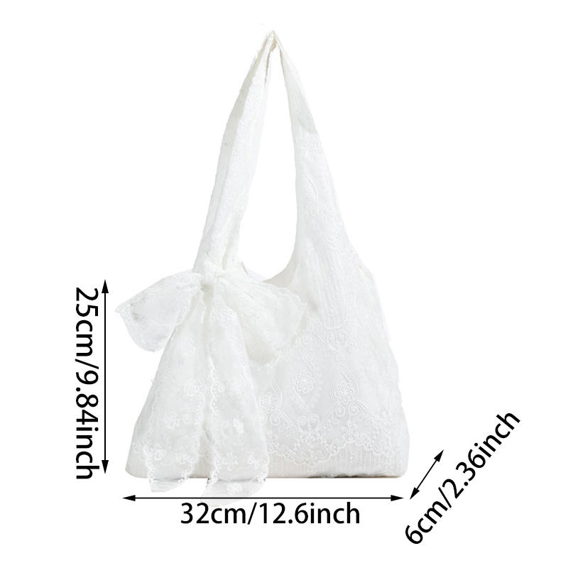Elegant Travel Embroidery Lace Shoulder Bag Korean Style Large Capacity Women Sweet Tote Bag with Ribbons