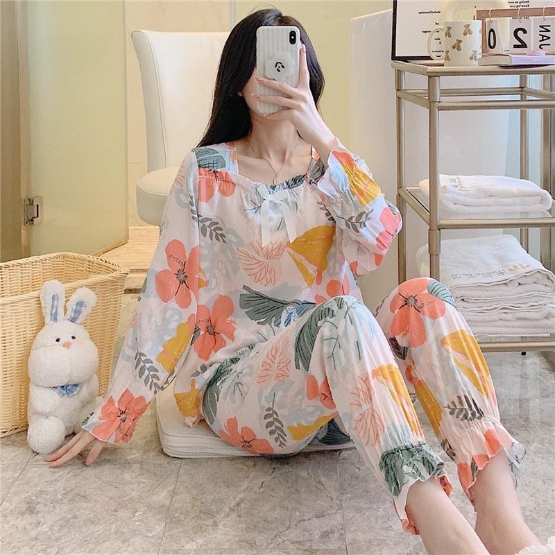 Пижамы женские с длинными рукавами из тонкого хлопка и шелка корейский комплект одежды для сна больших размеров