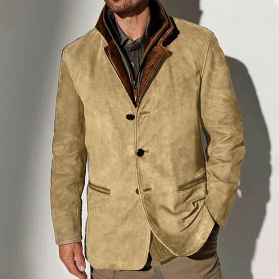 Мужская куртка Осень Зима Ретро Пэчворк Имитация Двухслойности Ложные Карманы Однобортный Кардиган