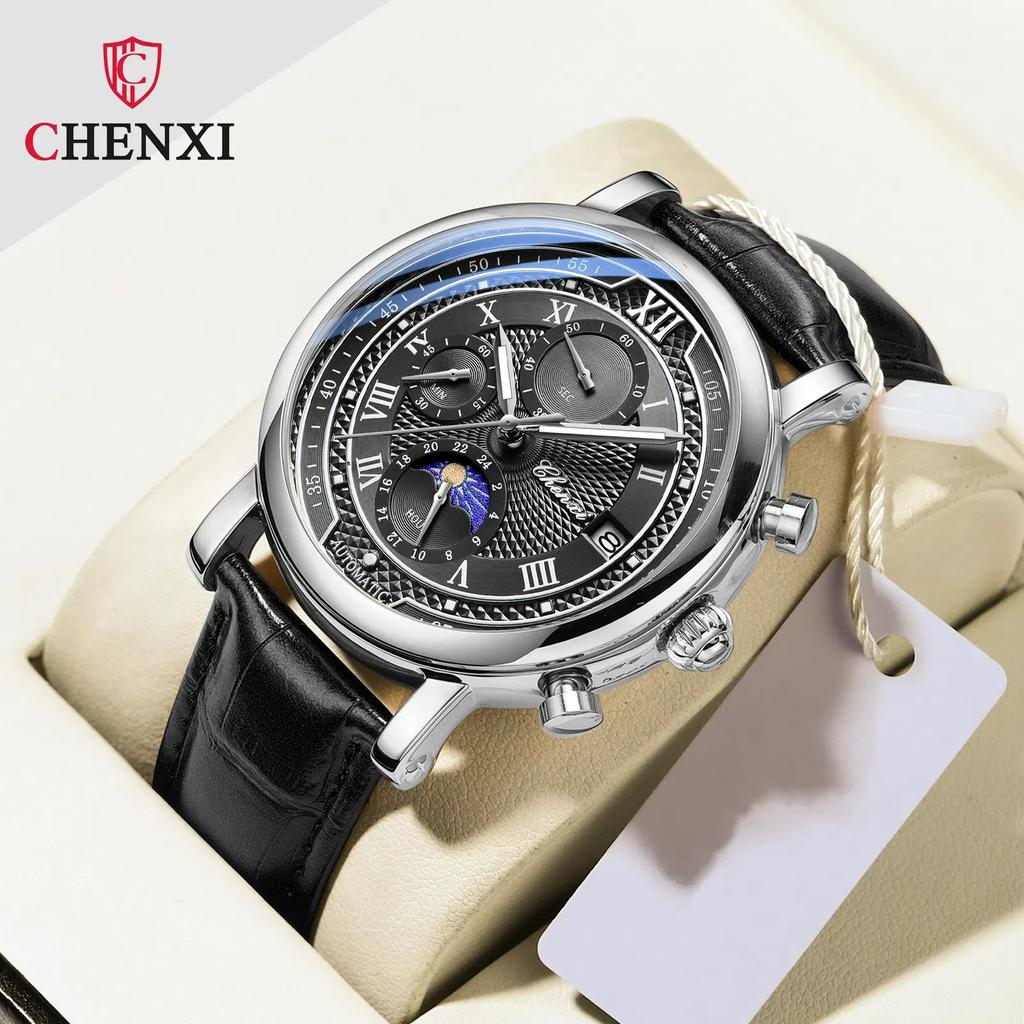 Chenxi Men's Watch Leather Chronograph Date Quartz Watches Phase Moon Timing Business Luminous Wrist Watch