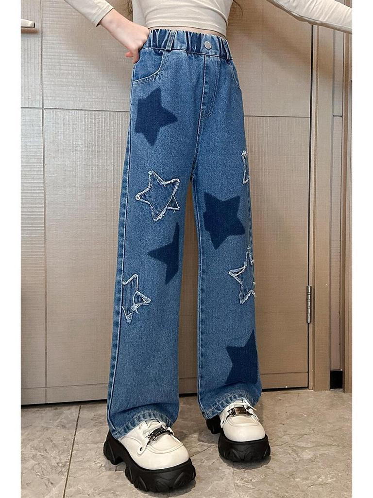 2023 Spring Girls' Star Patch Wide-Leg Jeans - Trendy Children's Fashion for Medium & Large Sizes