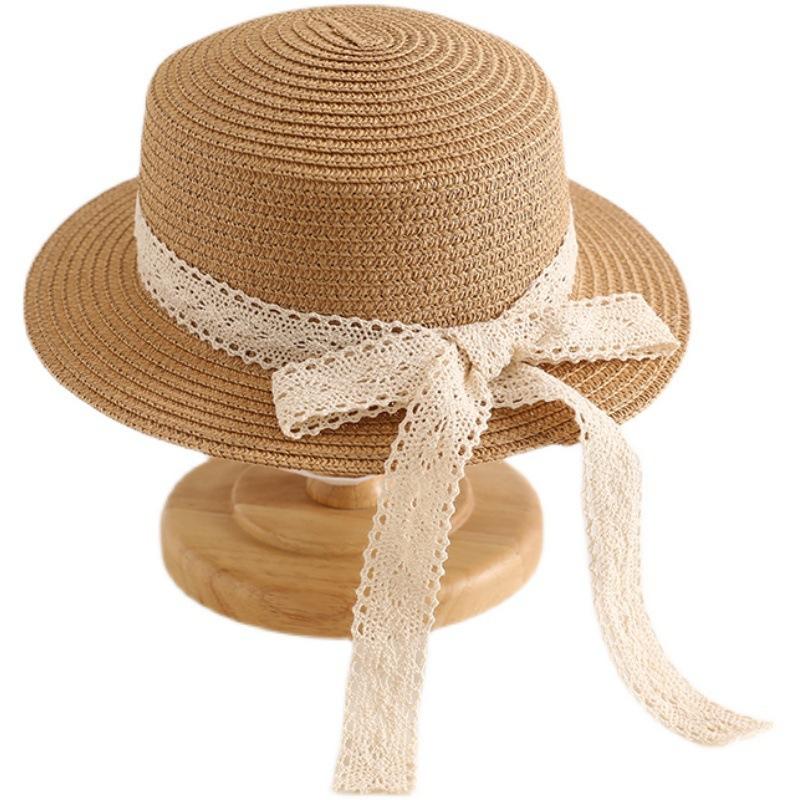 Baby Lace Bowknot Straw Hat Toddler Sun Hat Girls' Beach Hat British Style Top Hat Flat Top Sun Cap