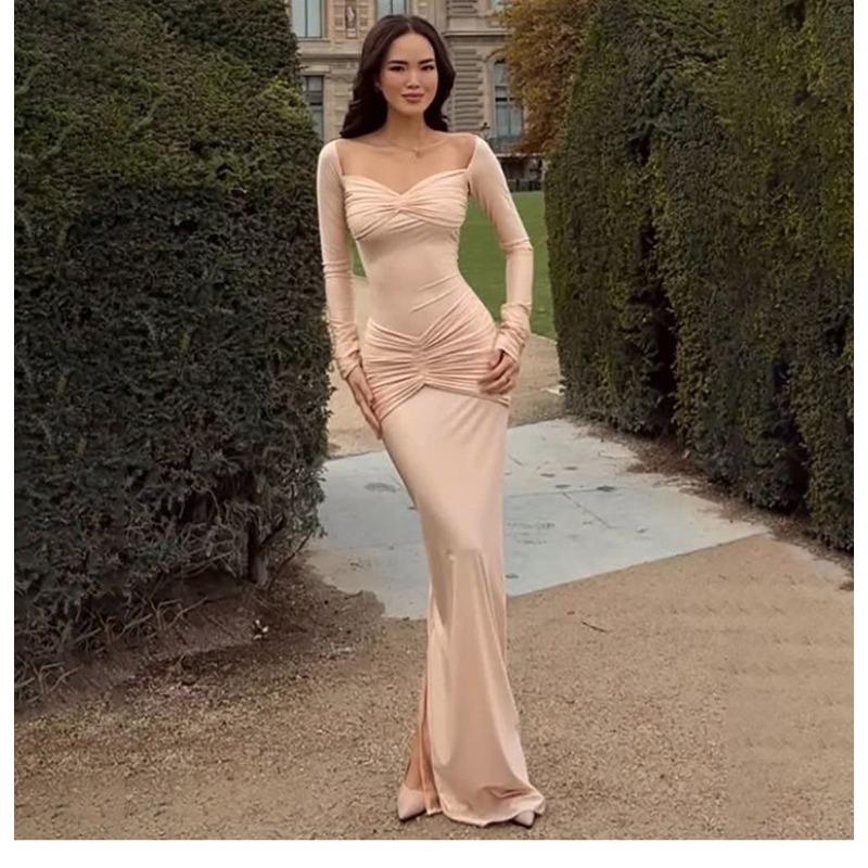 Элегантное и высококачественное плиссированное платье с квадратным вырезом и длинными рукавами для женщин, стройнящая и облегающая бедра длинная юбка