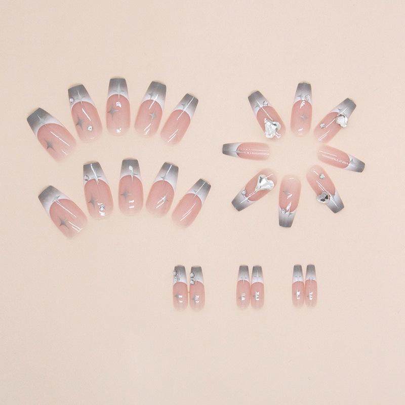 Средние и длинные балетные ногти, постепенное изменение, французские звезды, гигантская вспышка, любовь, алмазная стойкость, ногти