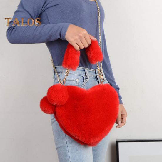 Женская сумка через плечо, однотонная, с пушистым искусственным мехом, в форме сердца, с застежкой-молнией на полой цепочке, женская зимняя сумка для путешествий, поездок на работу, свиданий