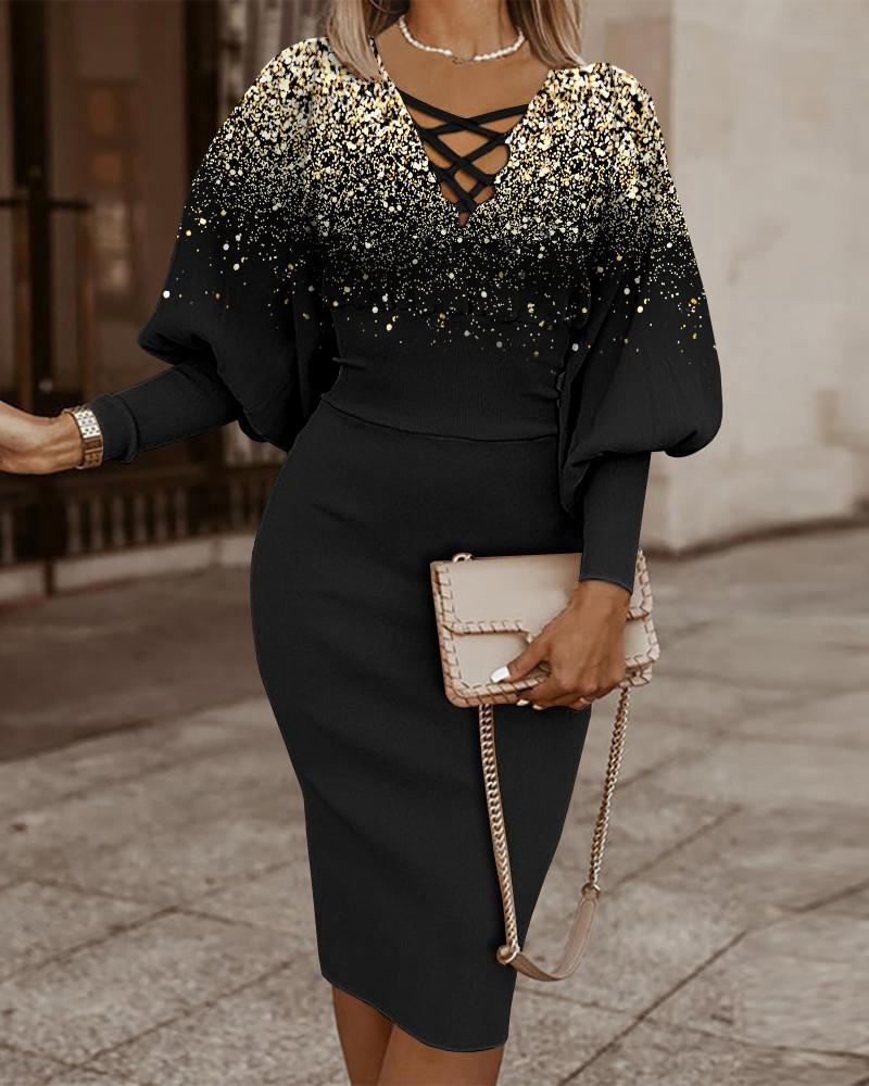 Новое женское облегающее платье на осень и зиму с модным принтом и рукавами-фонариками и v-образным вырезом, хип-платье, повседневное элегантное вечернее платье размера плюс