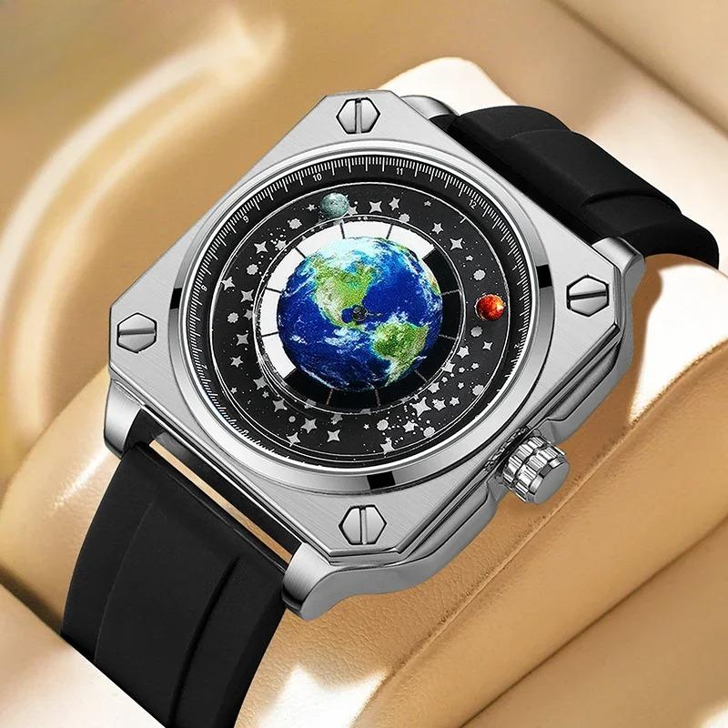 Часы Earth Watch для мужчин Вращающийся циферблат Земли Новый концепт Креативная синяя планета Немеханический указатель Силиконовый ремешок Мужские часы