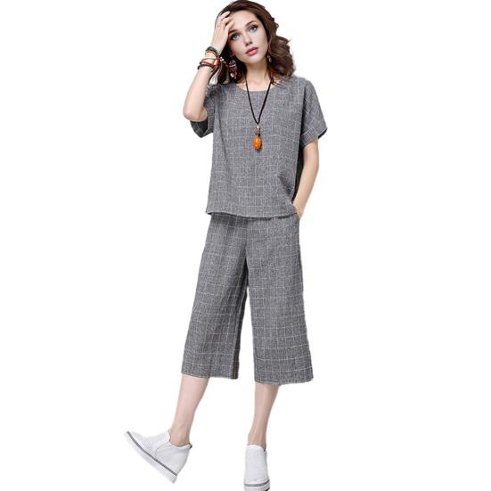 Женский клетчатый комплект из 2 предметов: повседневный комплект из топа с круглым вырезом, короткими рукавами, укороченными брюками и карманами, летний свободный комплект для отдыха