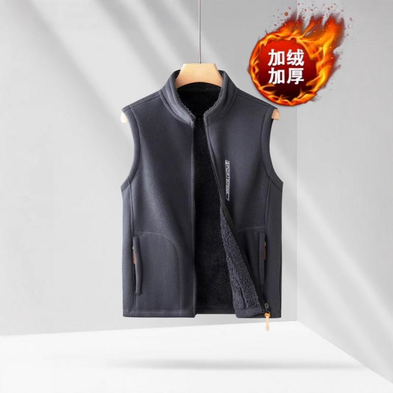 Mens Fleece Vest Thick Warm Loose Fit Stand Collar Zipper Front Multi-Pocket Outdoor Sport Utility Fall Winter