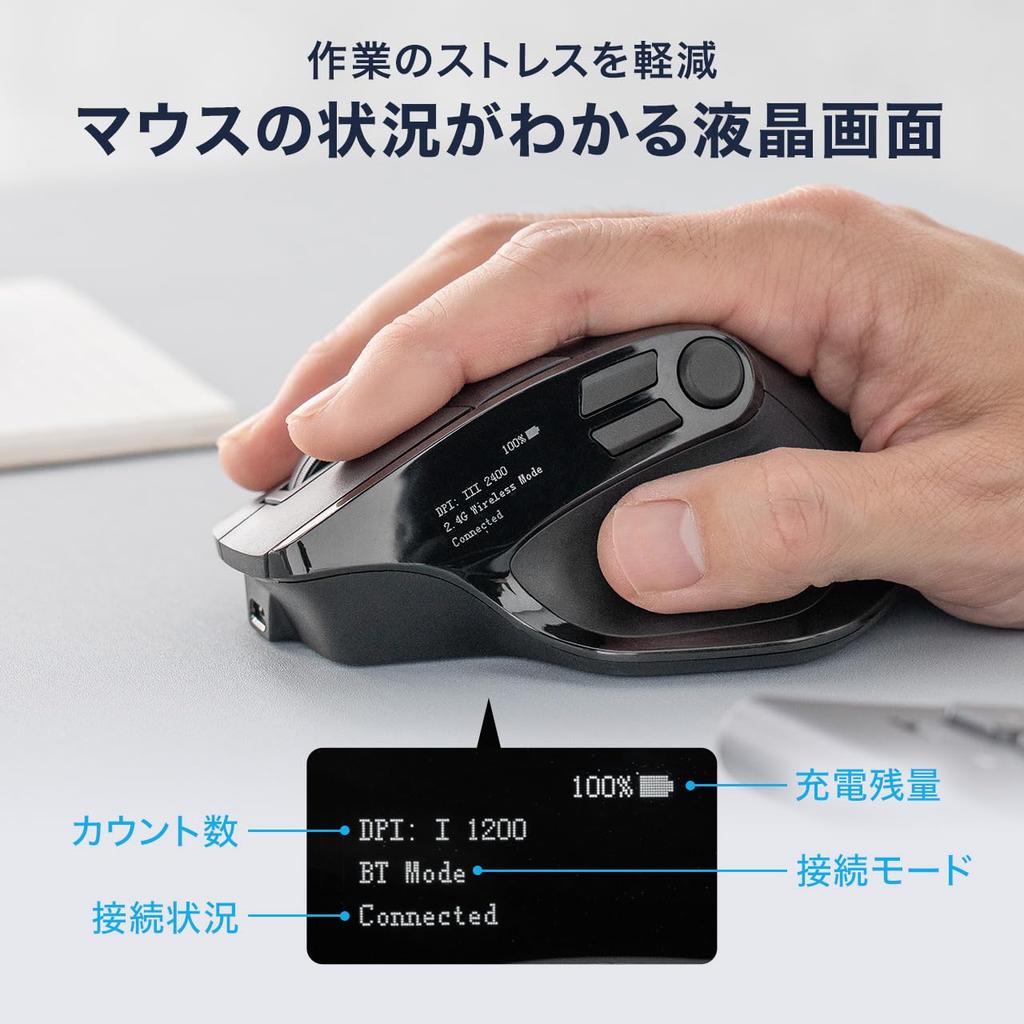 Sanwa Direct Wireless Bluetooth Silent Customizable with LCD Display Multi-Button Mouse, 2.4GHz, High-Speed Scrolling, Operation, Buttons,