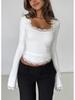 2025 Autumn/Winter Sexy Ribbed Lace-Trimmed Long-Sleeve U-Neck Top