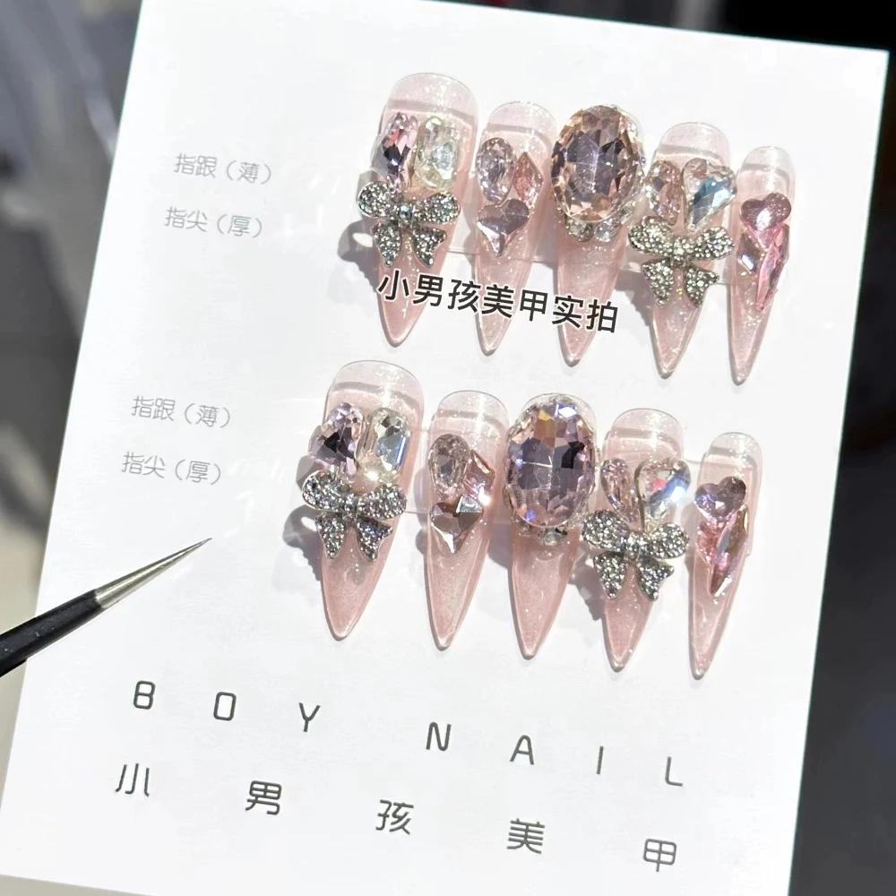 10Pcs Luxury 3D Rhinestone Handmade Transparent Press On Nails Shiny Long Coffin Reusable Full Cover Nail Art Gift