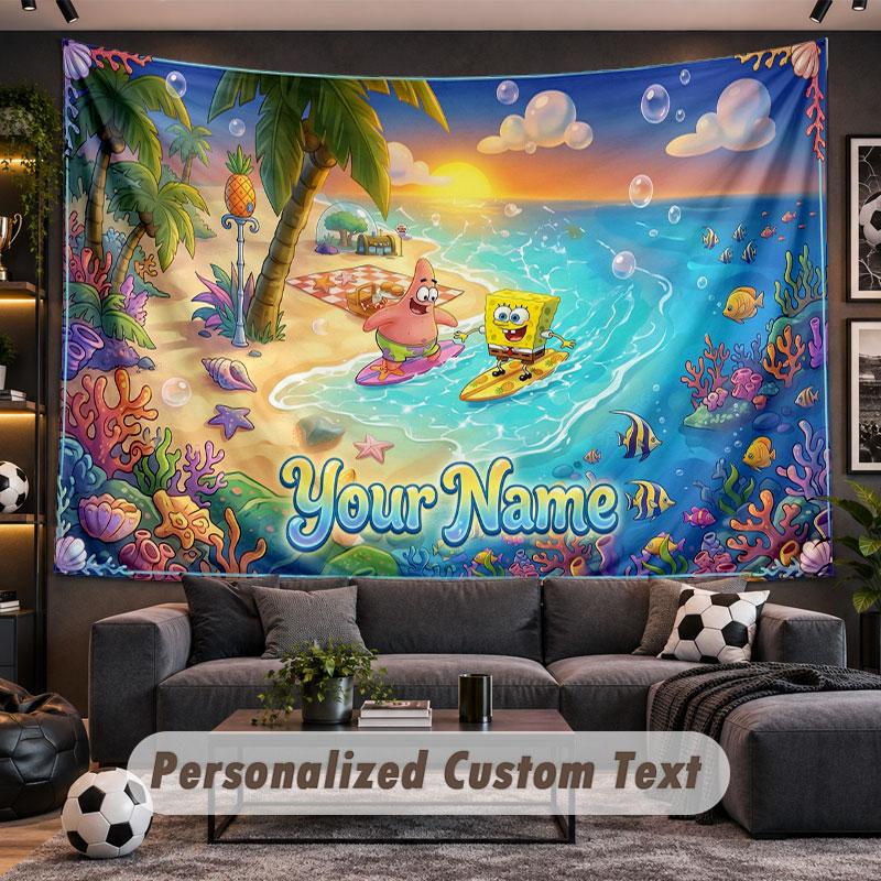Wall Hanging Tapestry Custom NameSpongeBob Pattern Personalized Printed Fabric Wall Decor