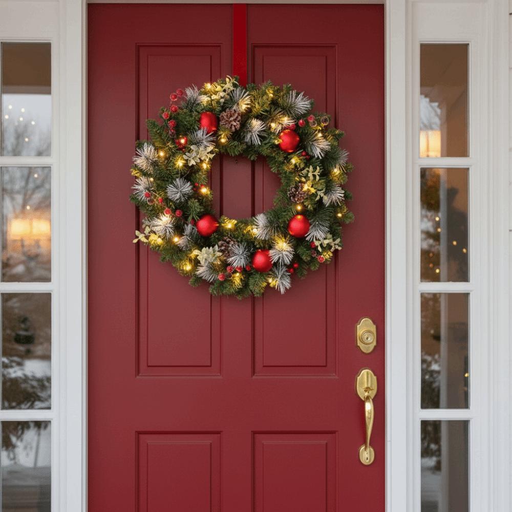 With LED Light Door Hanging Garland Simulated Pine Branches Front Door Wall Decorations New Year