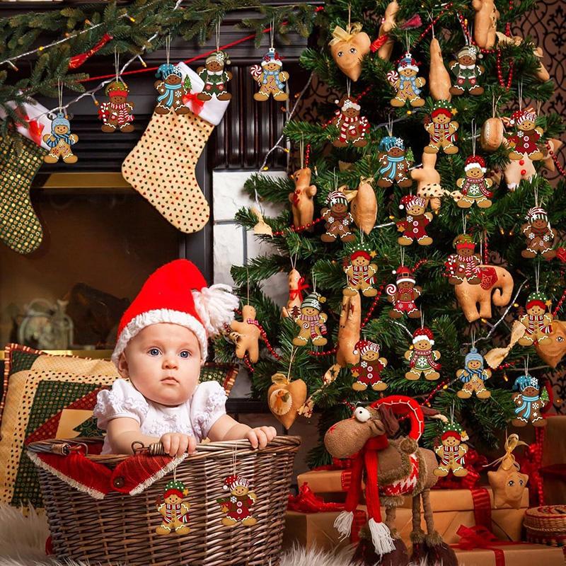 12/24pcs Gingerbread Man Wooden Ornaments Christmas Tree Hanging Pendants 2025 Xmas Party Home Decoration Kids DIY Gift Tags