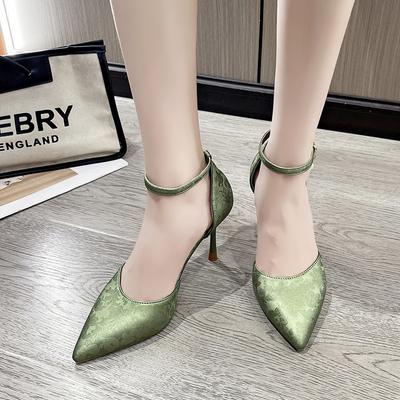 Мода 2024 Лето Новая Мода Верхняя Одежда Женские Туфли на Высоком Каблуке Острый Носок Открытая Посадка Однотонные Пряжка-Линия Банкетные Туфли