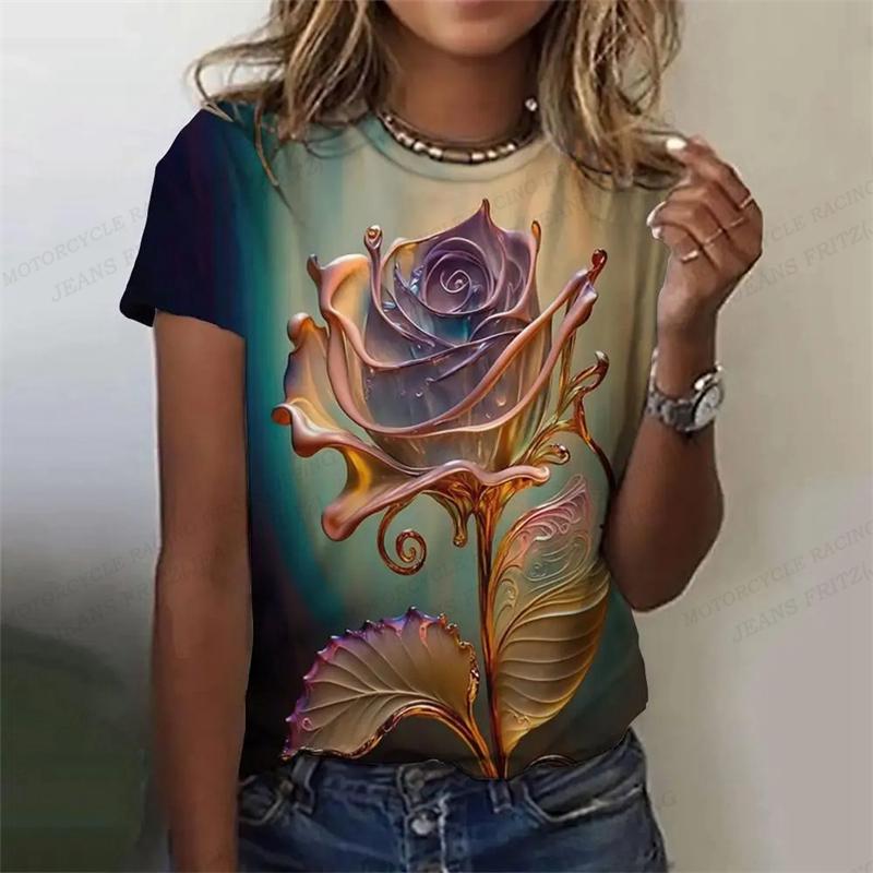 Футболка с принтом Golden Rose 3D, красивая женская одежда, женские топы с цветочным принтом Harajuku, футболки, женская футболка с коротким рукавом и круглым вырезом