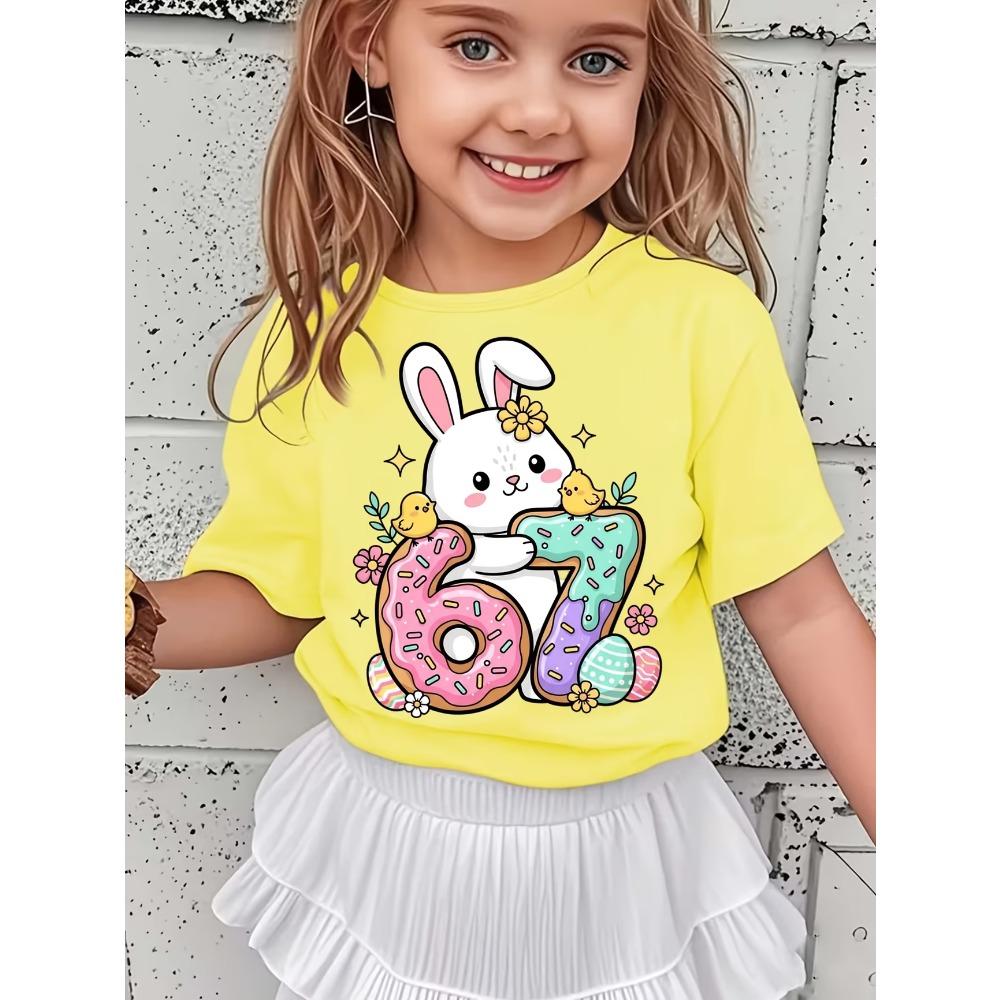 Summer 67 Digital Donut Rabbit Print Kid Polyester Tshirt Casual Girls Short Sleeved Shirts Cartoon Fashion Childrens's Clothes Top