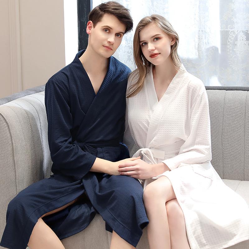 Spring and Summer Waffle Robe Women's Thin Style Bathrobe Absorptive Sweat Steaming Pajamas, Men and Women's Home Clothes Couple Nightgown
