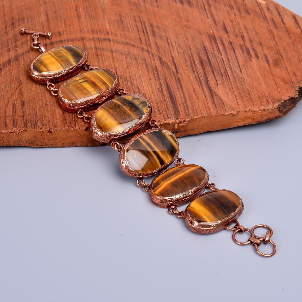 Natural Tiger Eye Copper Electroformed Statement Sacral Chakra Bracelet Jewelry V-75