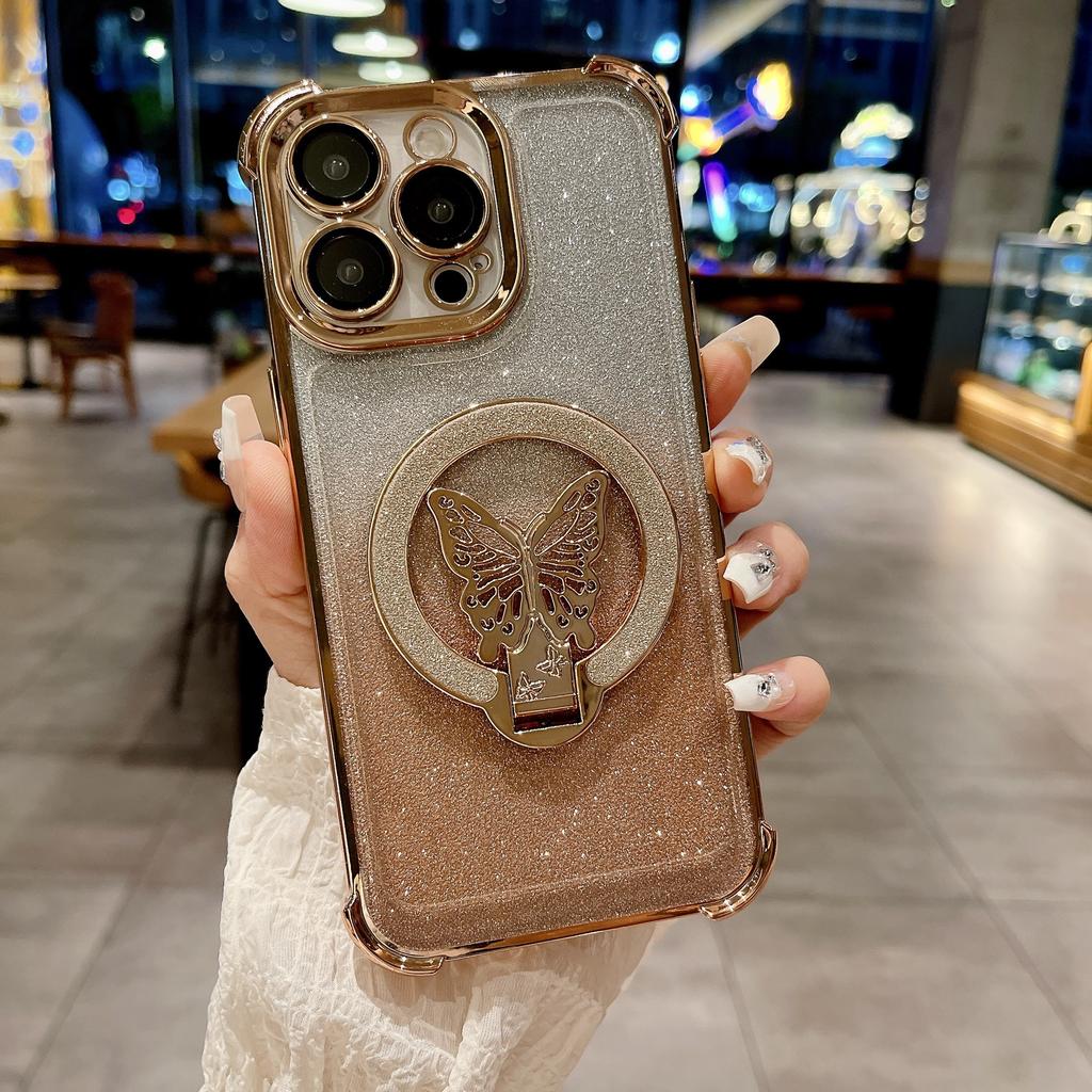 Подходит для чехла для мобильного телефона iPhone16 Магнитный чехол с блестками и подставкой-бабочкой 14 Apple 15 Четырехугольная подушка безопасности Противоударный чехол