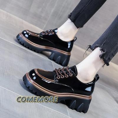 Модные туфли из искусственной кожи для женщин в британском стиле 2024 года, новые весенне-осенние модные туфли на толстом каблуке, платформе, повседневные, с круглым носком, на шнуровке, удобные
