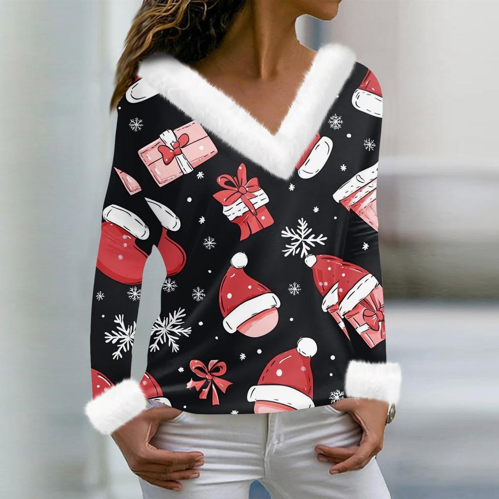 Женская футболка с рождественским принтом, длинный рукав, флисовый воротник, V-образный вырез, футболка