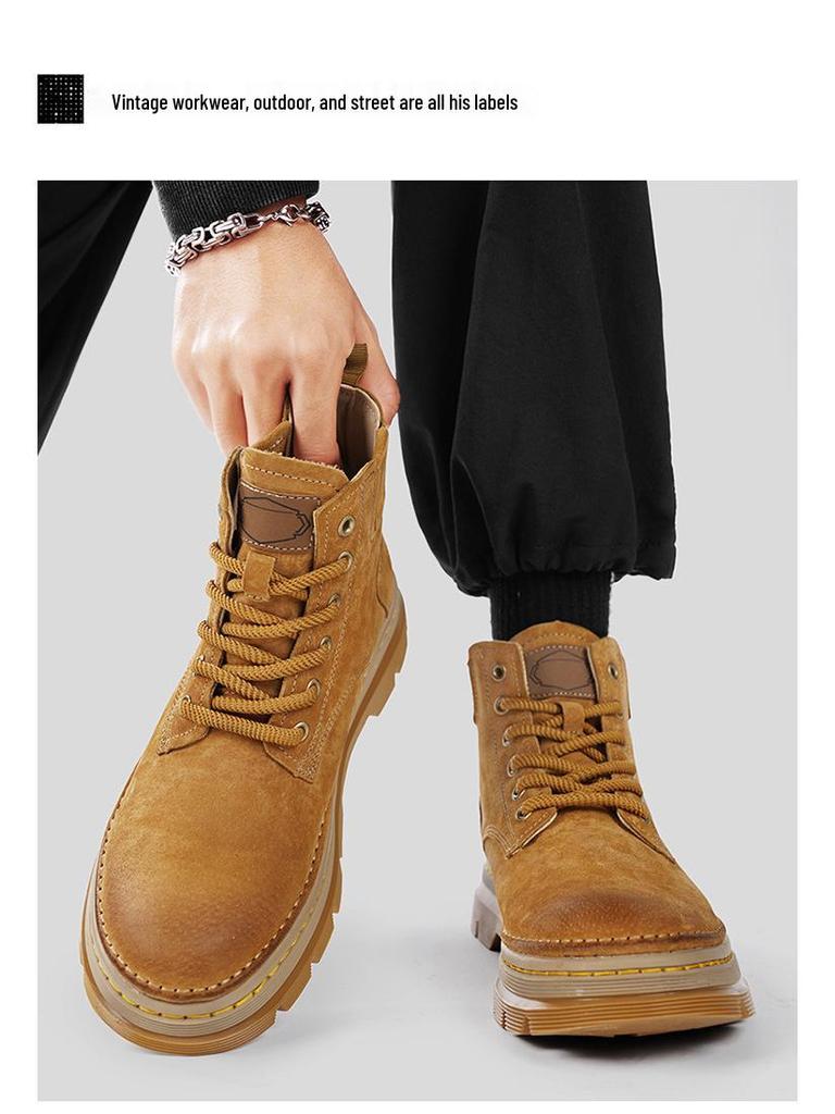 Мужские ботинки Мартин из натуральной кожи с высоким берцем - Желтые ретро зимние ботинки для снега с плюшевой подкладкой