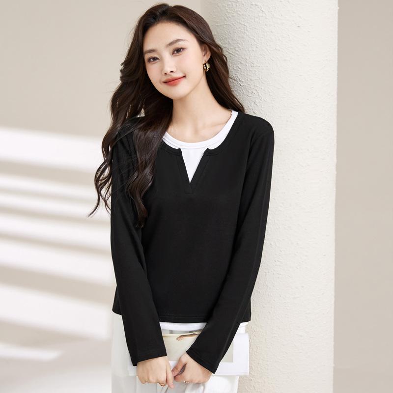 Women's Spring Fashion Simple False Two Comfortable Bottom Slim Slim Sleeved Top
