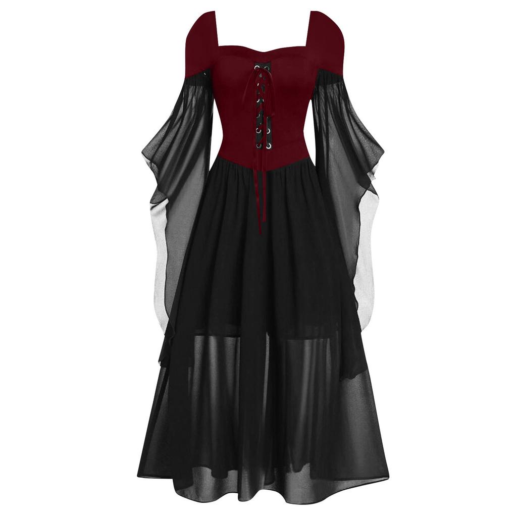 Womne Plus Size Cold Shoulder Butterfly Sleeve Lace Up Halloween Gothic Dress